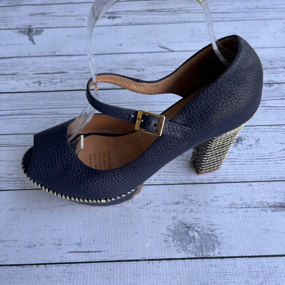 Bon-Bonite Navy Pebbled Leather Platform Mary Jane Peep Toe Heels Size 37